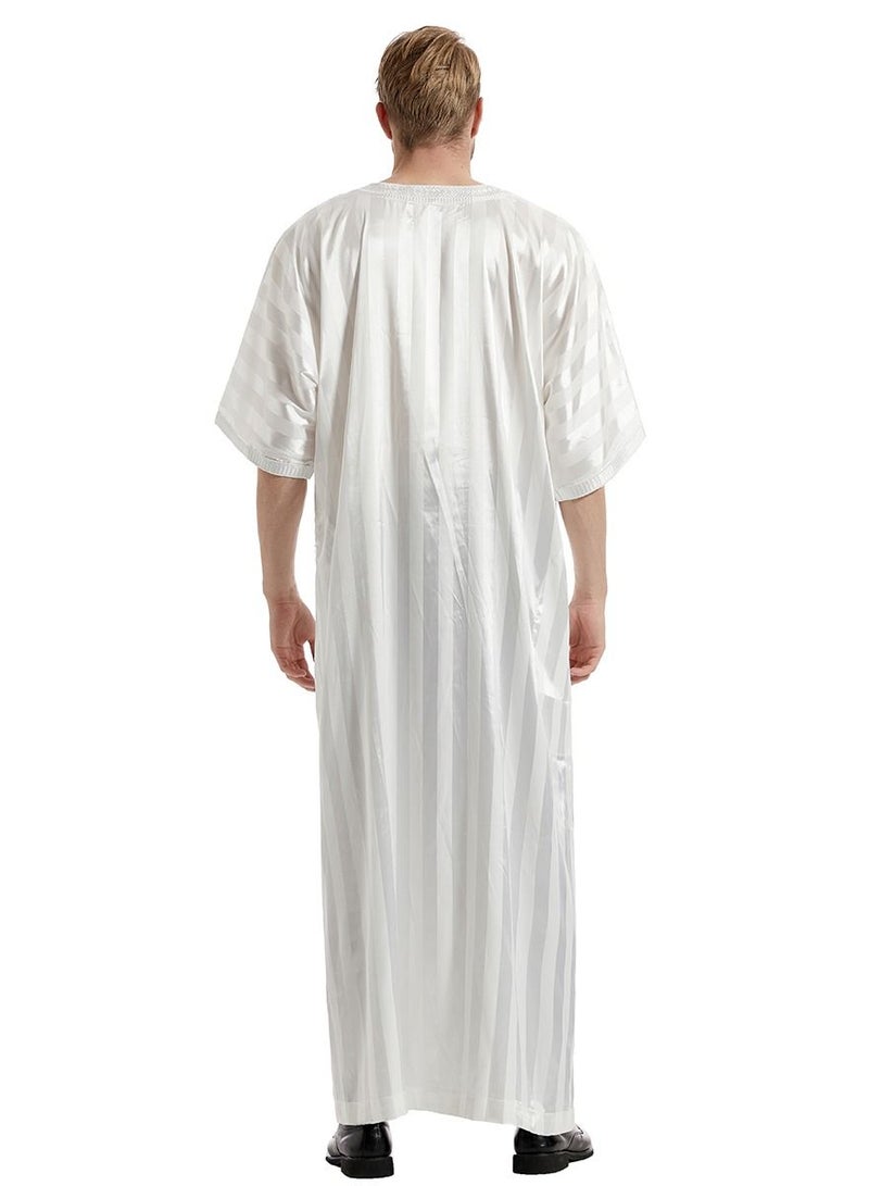 إسكدنيا Men's Solid Color Short Sleeve Kandora Islamic Arabic Embroidery Kaftan Robe White  - Image 2