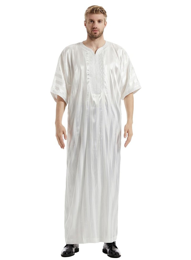 إسكدنيا Men's Solid Color Short Sleeve Kandora Islamic Arabic Embroidery Kaftan Robe White  - Image 1