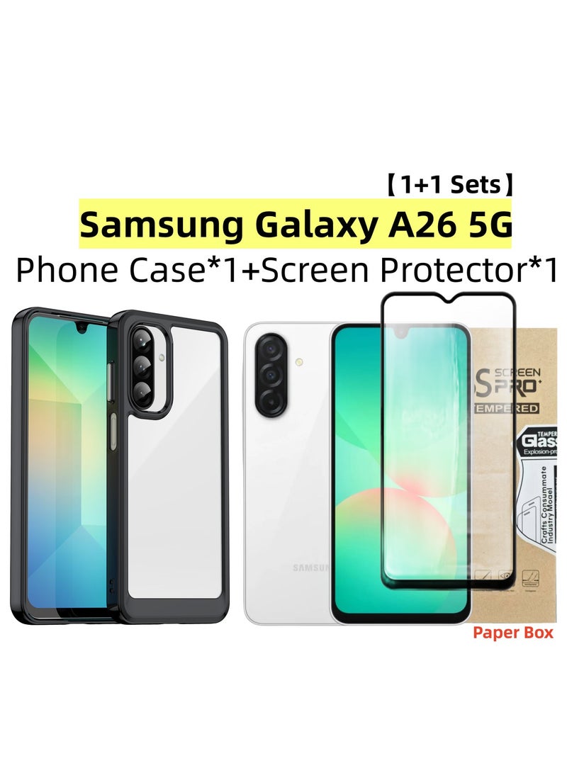 [1+1 Sets] For Samsung Galaxy A26 5G Case & Screen Protector Transparent Frame Protective Cover with Tempered Glass Screen Protector  - Image 1
