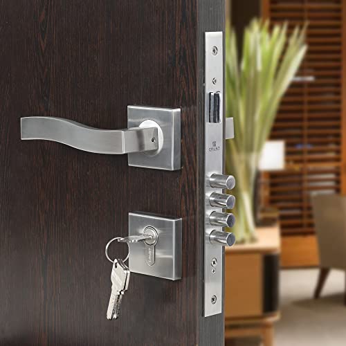 CRUST Premium Rose Mortise Door Lock Handle Set/Mortise Lock with Brass Lock Body and 60 mm One Side Key Cylinder Set with 3 Brass Computer Keys (GRIK, Matt Satin) - Image 1