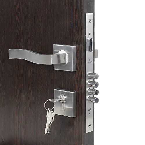 CRUST Premium Rose Mortise Door Lock Handle Set/Mortise Lock with Brass Lock Body and 60 mm One Side Key Cylinder Set with 3 Brass Computer Keys (GRIK, Matt Satin) - Image 3