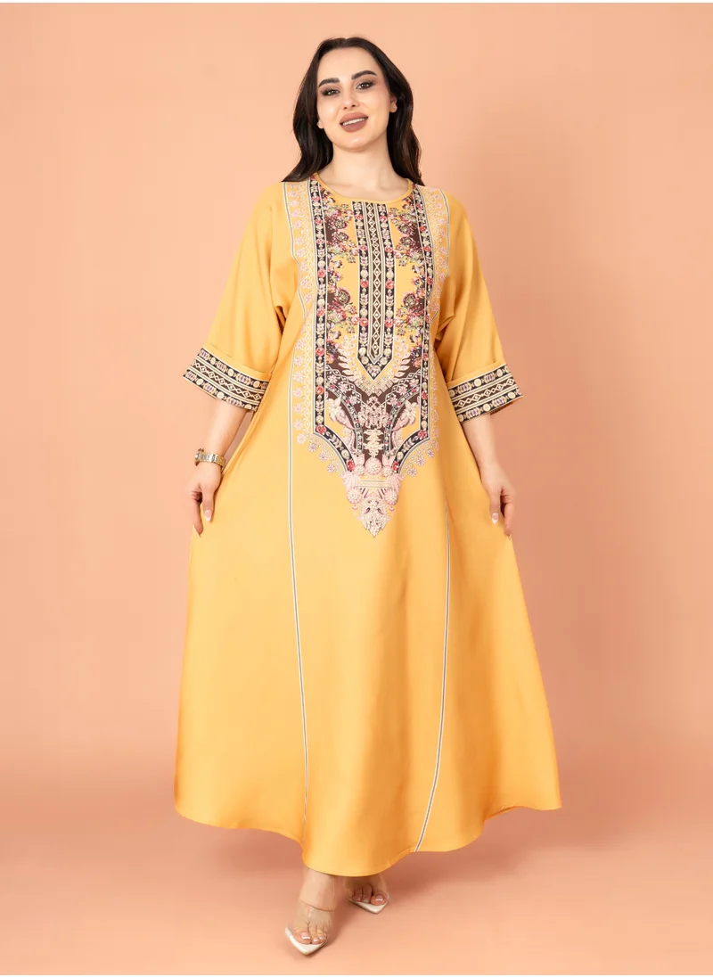 IKKXA Solid Printed Jalabiya Yellow