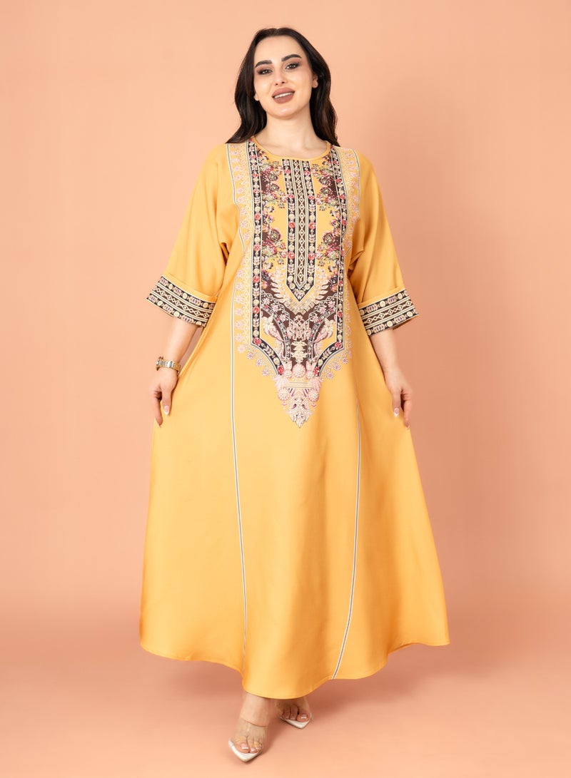 اكسا جلابية سادة منقوشة اصفر - Image 1