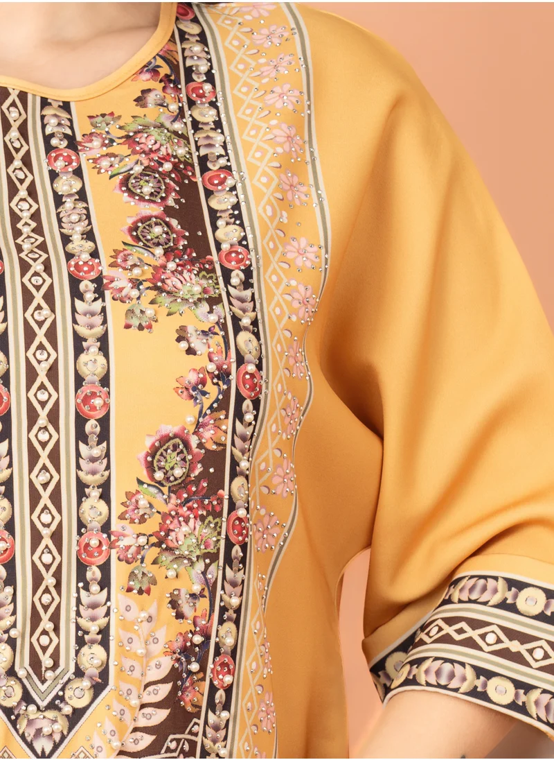 IKKXA Solid Printed Jalabiya Yellow