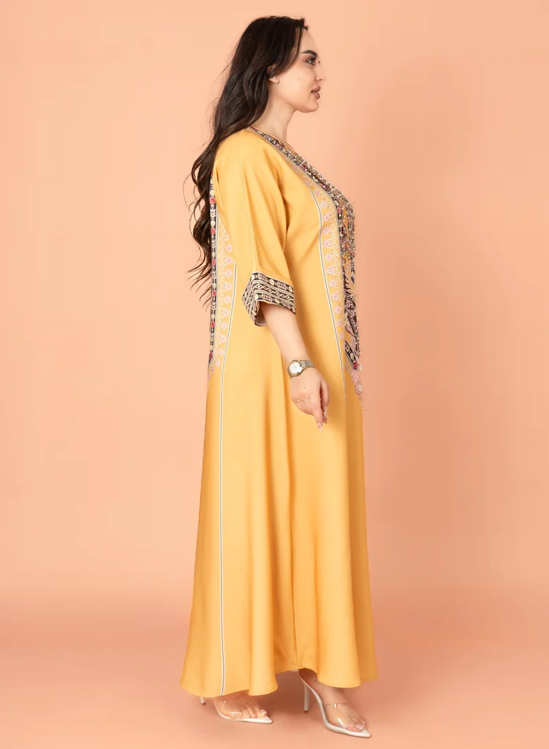 IKKXA Solid Printed Jalabiya Yellow