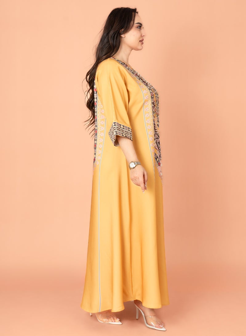 اكسا جلابية سادة منقوشة اصفر - Image 3