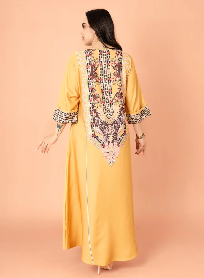 IKKXA Solid Printed Jalabiya Yellow