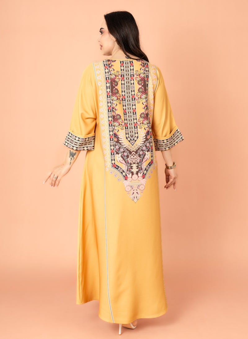 اكسا جلابية سادة منقوشة اصفر - Image 4