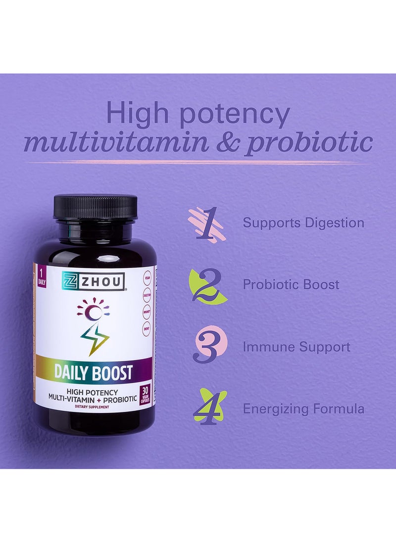 Zhou Nutrition - Daily Boost Multivitamin With Probiotic, Zinc, Vitamin C, D3, B Complex For Immune Support, Energy And Digestive Health  30 Servings - Image 1
