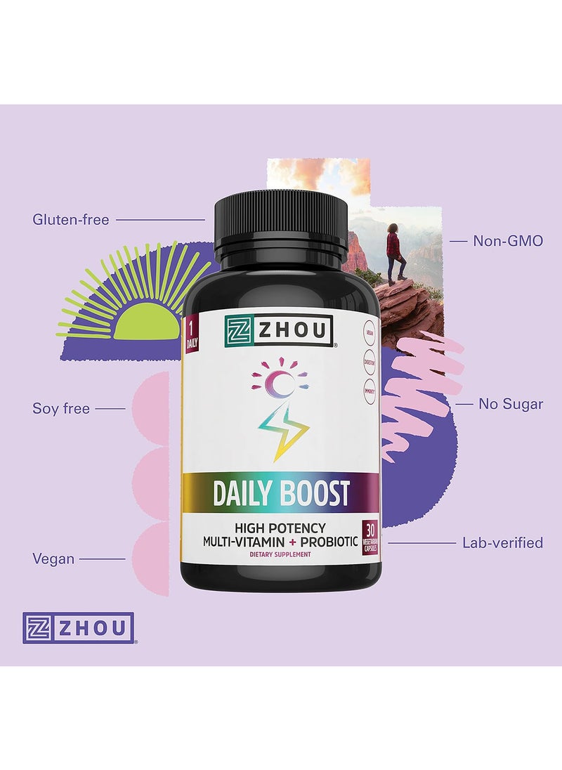 Zhou Nutrition - Daily Boost Multivitamin With Probiotic, Zinc, Vitamin C, D3, B Complex For Immune Support, Energy And Digestive Health  30 Servings - Image 1