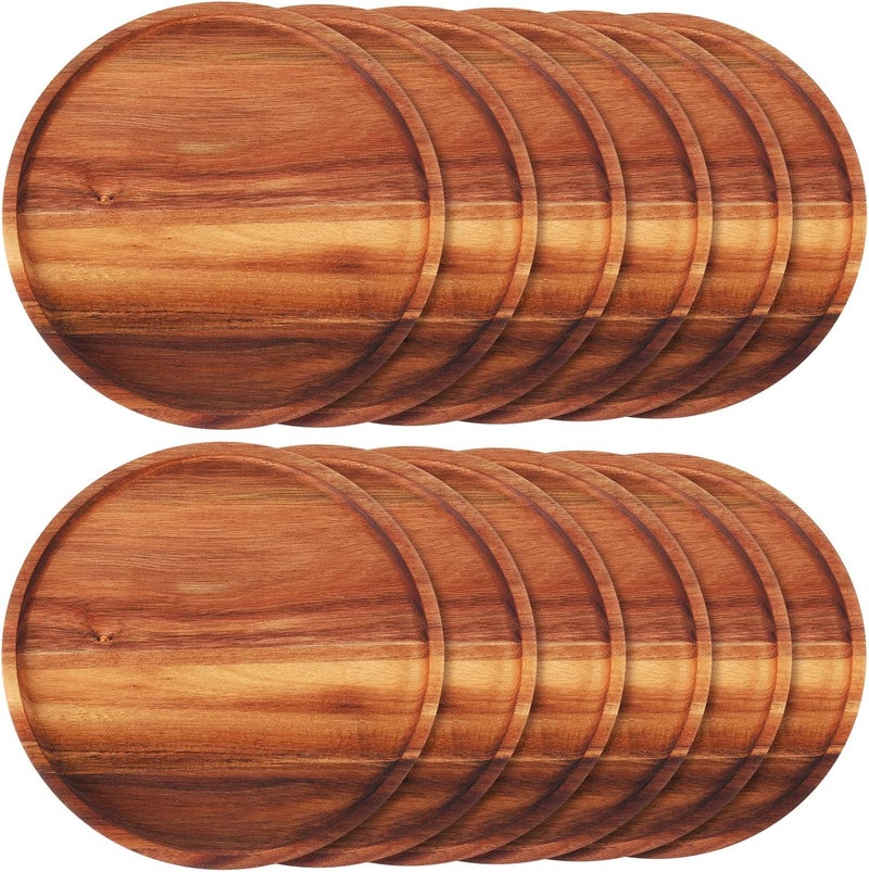 Rtteri 12 Pcs Acacia Wood Dinner Plates Round Wood Dishes Wooden Charger Serving Tray Easy Cleaning Lightweight Unbreakable Classic Plate for Snack Dessert Housewarming Gift095 Inches - Image 1
