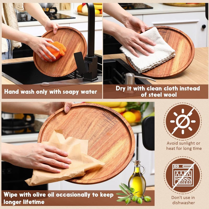 Rtteri 12 Pcs Acacia Wood Dinner Plates Round Wood Dishes Wooden Charger Serving Tray Easy Cleaning Lightweight Unbreakable Classic Plate for Snack Dessert Housewarming Gift095 Inches - Image 4