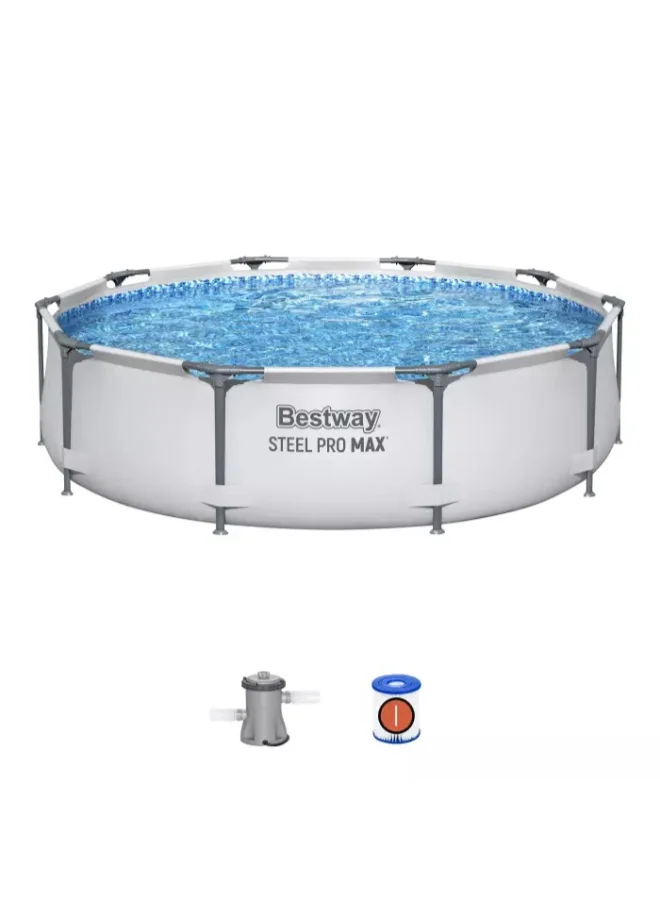بست واي Bestway Steel Pro Round Pool Set, 10 ft x 30 in (3.05 m x 76 cm) Above Ground Swimming Pool with Steel Frame, Filter Pump & Repair Patch, Family Backyard Pool