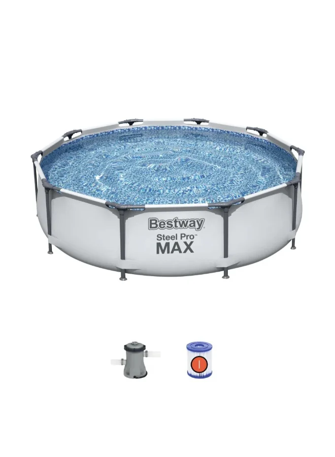 بست واي Bestway Steel Pro Round Pool Set, 10 ft x 30 in (3.05 m x 76 cm) Above Ground Swimming Pool with Steel Frame, Filter Pump & Repair Patch, Family Backyard Pool
