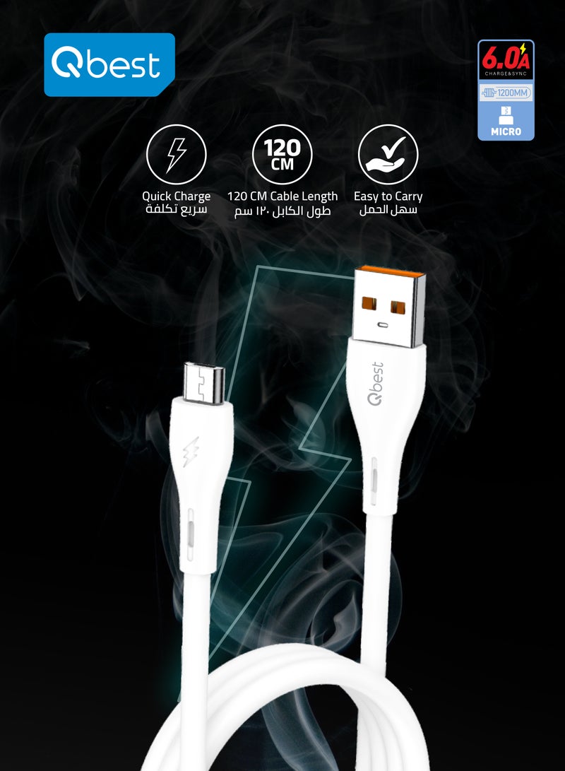 Qbest 6.0A Fast Charging USB to Micro Cable 1.2M – High-Speed Data Transfer, Durable Design for Android Devices - White - Image 5