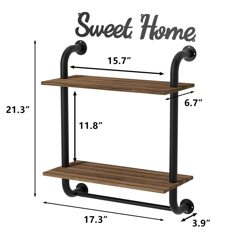 Tinpin Bathroom Shelves Wall Mounted, Rustic Farmhouse Pipe Shelves, 2-Tier, Industrial Shelving Over Toilet, Floating Shelf Decor for Bathroom, Kitchen, Bedroom, Living Room 17.3 inch - Image 3