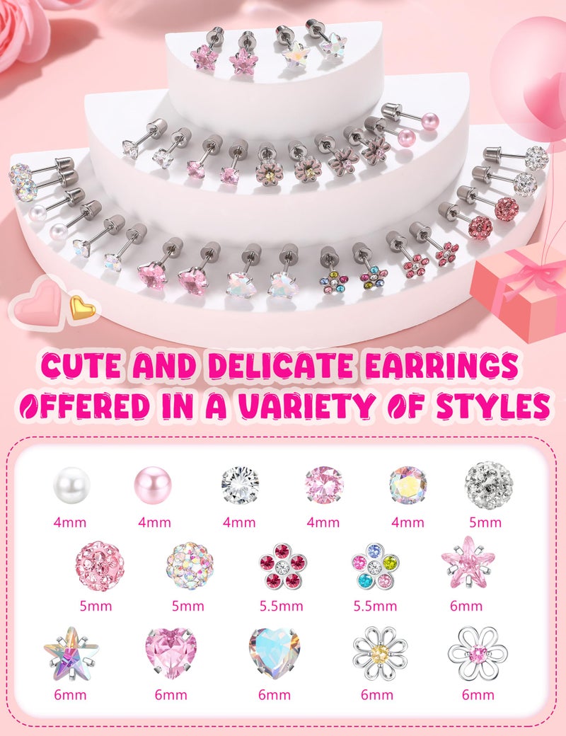THUNARAZ 16 Pairs Hypoallergenic Earrings for Girls Kids Women Surgical Stainless Steel Earrings for Sensitive Ears Cute Flower Heart Ball Toddler Screw Back Stud Earring Flat Back Earring Set 20G - Image 3
