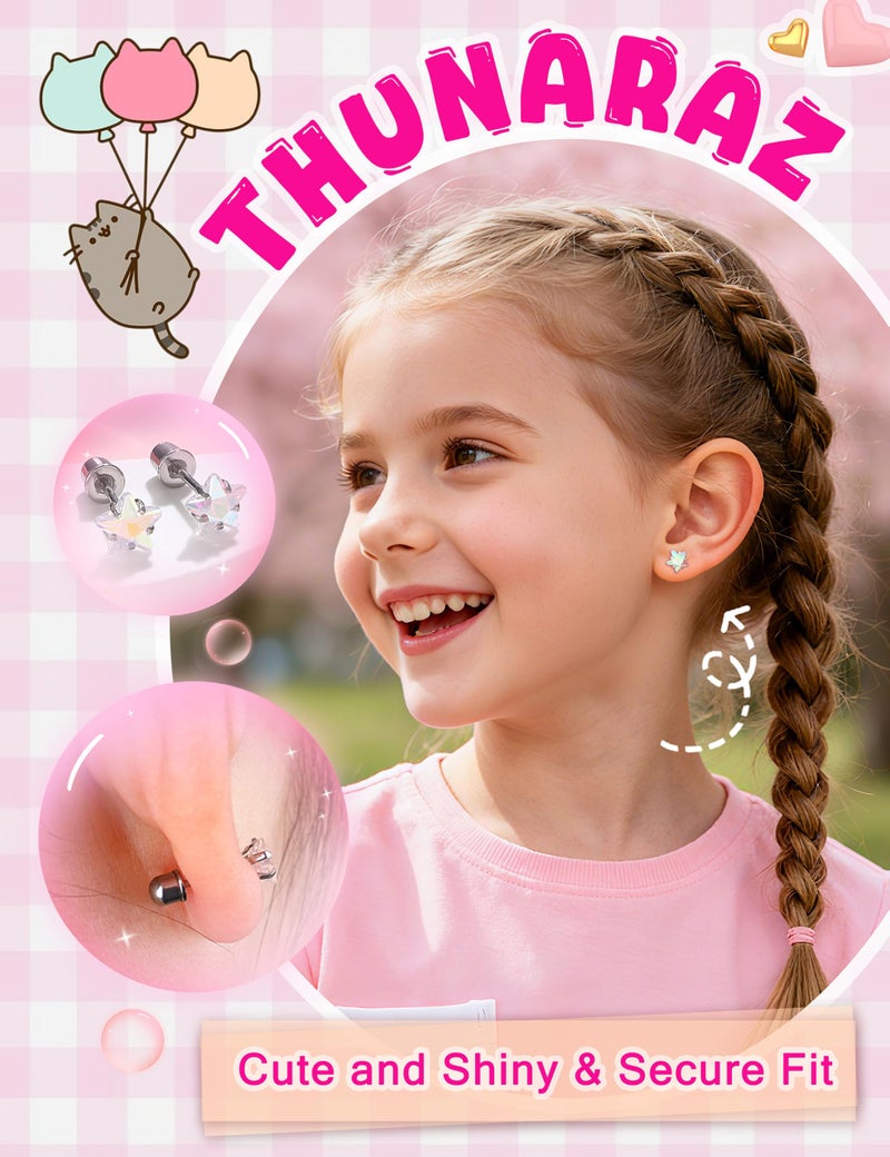 THUNARAZ 16 Pairs Hypoallergenic Earrings for Girls Kids Women Surgical Stainless Steel Earrings for Sensitive Ears Cute Flower Heart Ball Toddler Screw Back Stud Earring Flat Back Earring Set 20G - Image 5