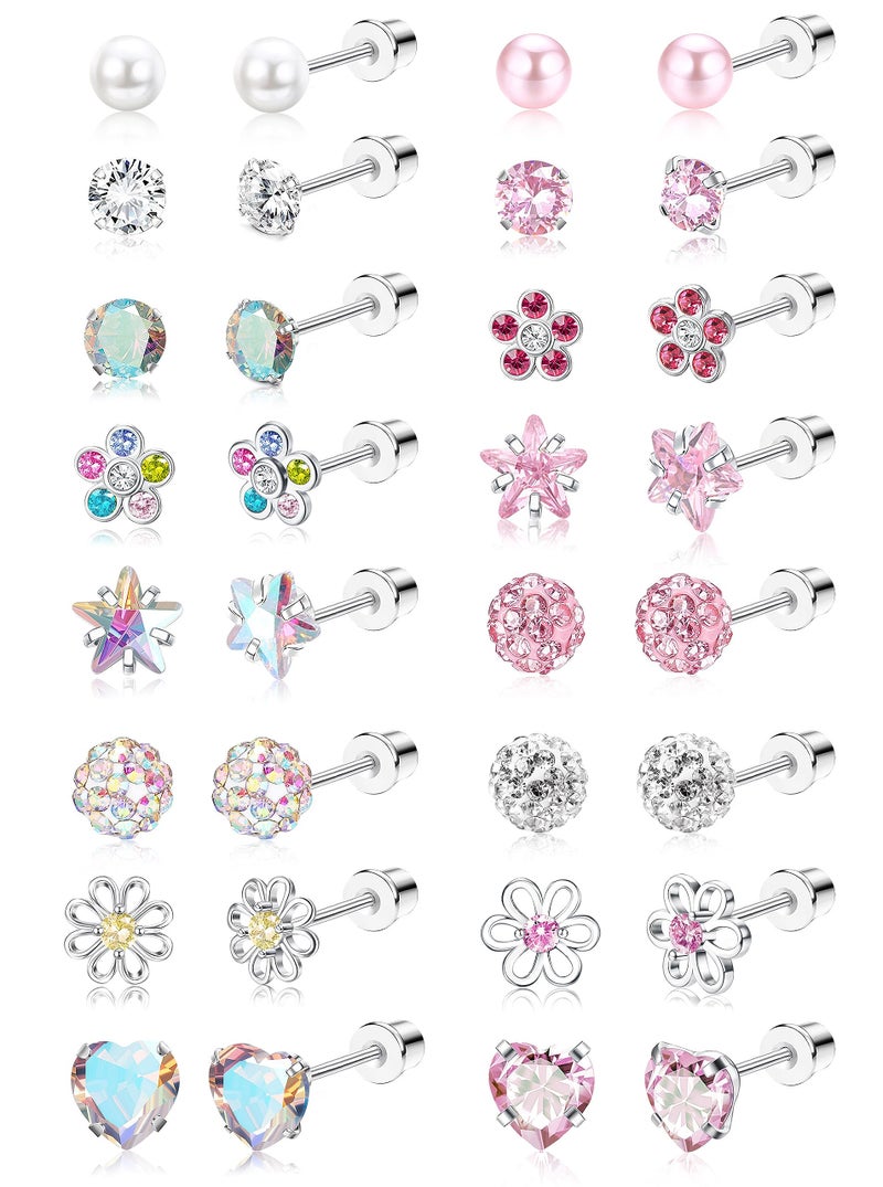 THUNARAZ 16 Pairs Hypoallergenic Earrings for Girls Kids Women Surgical Stainless Steel Earrings for Sensitive Ears Cute Flower Heart Ball Toddler Screw Back Stud Earring Flat Back Earring Set 20G - Image 1