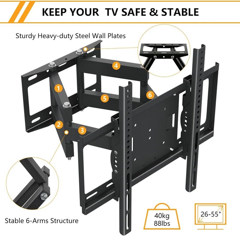 TDOO TV Stand With Wall Mount Bracket for 26-75 Inch TVs - Double Arm, Standard Load-bearing 26"-55", Universal Stand Holds Up to 40kg - Image 2