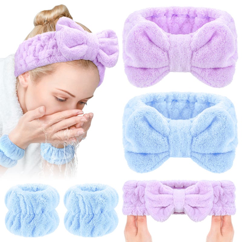Chuangdi 4 Pcs Microfiber Headband Spa Wristbands and Wrist Bands for Washing Face Cuffs Towel Wristbands Hair Headband Face Wash Cuffs for Women MakeupLight Blue Purple