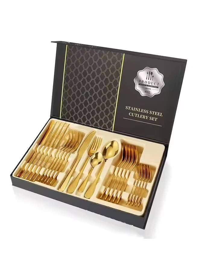 NKX 24 Piece Stainless Steel Cutlery Set with Sleek Mirror Finish Includes Knives Forks Spoons and Teaspoons for Dinner and Gift Use - Image 1