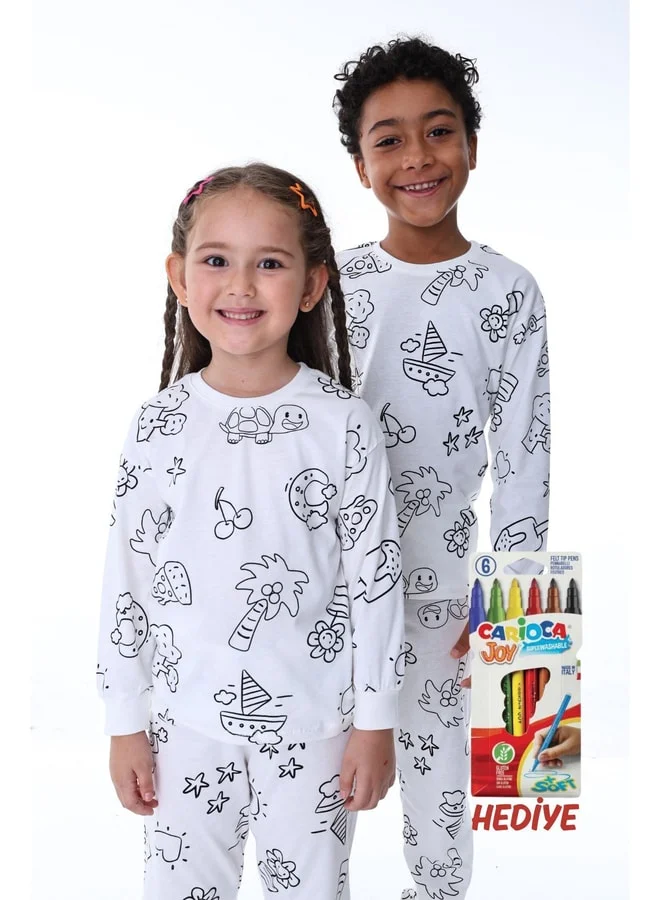 zuzunga Color-Your-Own Children's Pajama Set with Long Sleeves, Featuring the Cutest Figures and a Gift Coloring Pen.