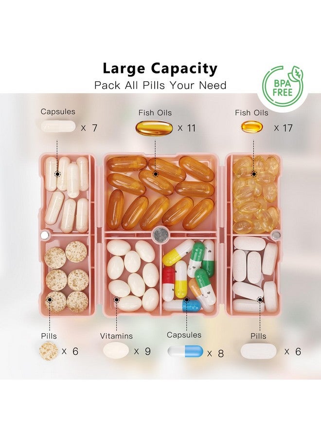 أف واي واي منظم حبوب يومي من FYY، حافظة حبوب محمولة بـ 7 أقسام، منظم حبوب سفر، [تصميم قابل للطي] صندوق حبوب لجيب المحفظة لحمل الفيتامينات، زيت كبد سمك القد، المكملات الغذائية والأدوية - وردي - Image 2