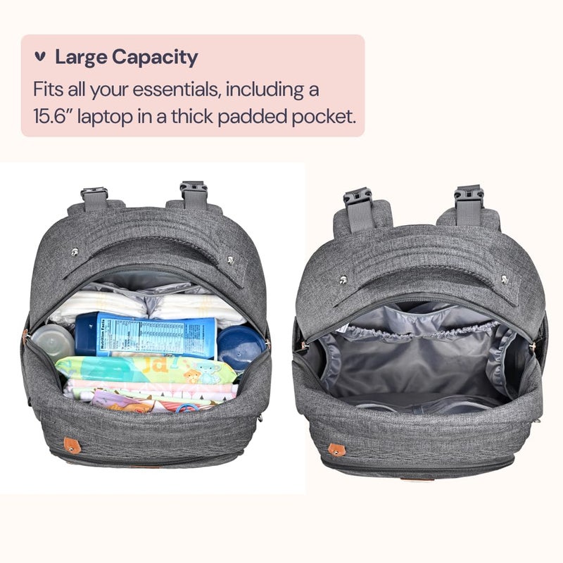 BabbleRoo Diaper Bag Backpack - Travel Large Baby Diaper Bag with Changing pad, Waterproof Baby Bags for Mom & Dad, Unisex Bags with Pacifier Case, Luggage Strap & Stroller Clips - Dark Gray - Image 4