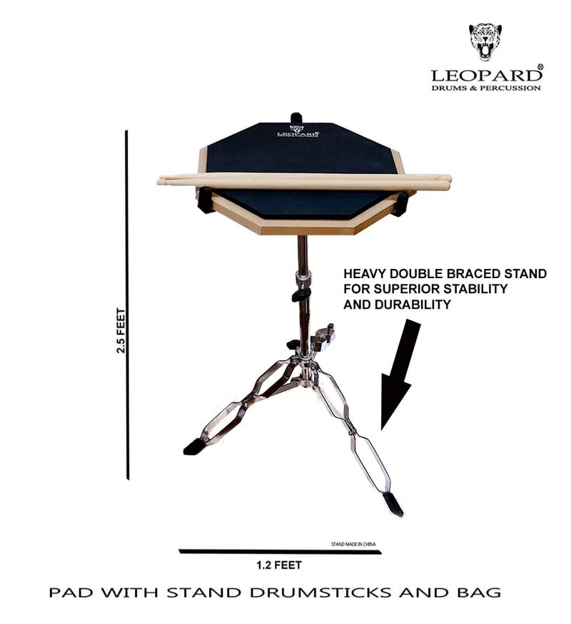 LEOPARD 12" INCHES 2 SIDED DRUM PRACTICE PAD WITH STICKS AND BAG - Image 2