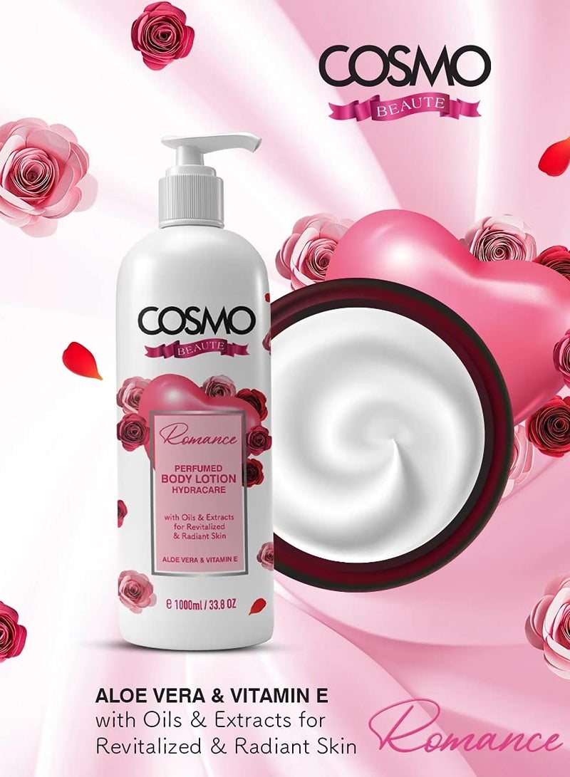 كوزمو لوشن معطر للجسم من كوزمو بيوتي رومانس 1000 مل مع مستخلصات زيوت لتنشيط البشرة المشعة، زيت لترطيب ناعم ومتوهج، لوشن العناية بالبشرة بفيتامين E من الأليو فيرا - Image 3