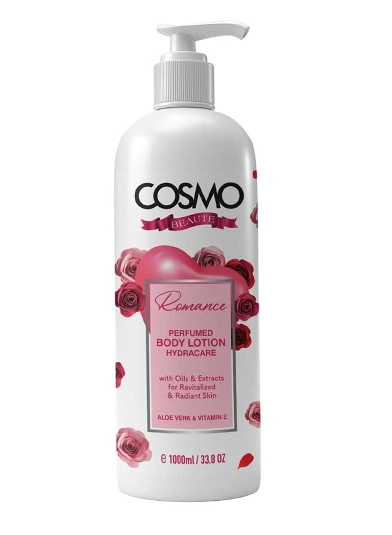 كوزمو لوشن معطر للجسم من كوزمو بيوتي رومانس 1000 مل مع مستخلصات زيوت لتنشيط البشرة المشعة، زيت لترطيب ناعم ومتوهج، لوشن العناية بالبشرة بفيتامين E من الأليو فيرا - Image 1