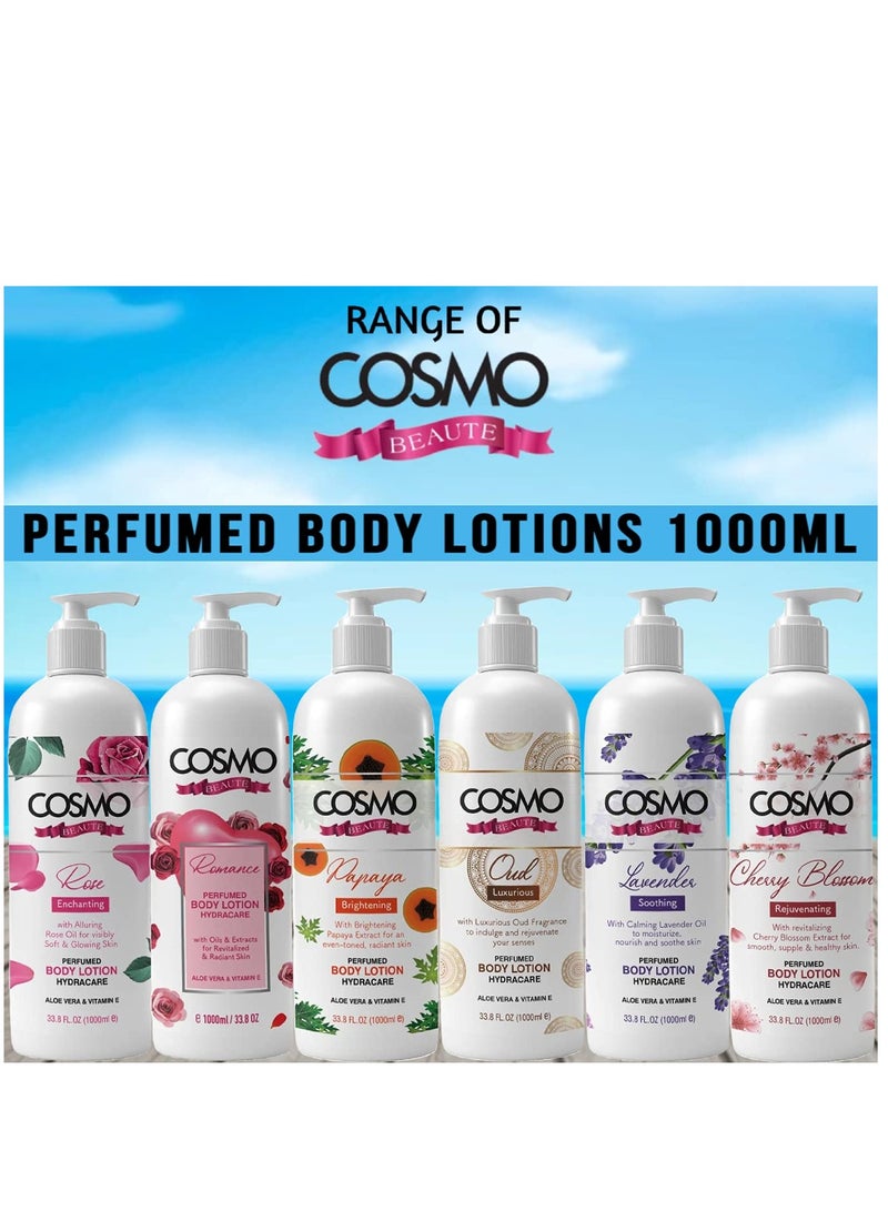 كوزمو لوشن معطر للجسم من كوزمو بيوتي رومانس 1000 مل مع مستخلصات زيوت لتنشيط البشرة المشعة، زيت لترطيب ناعم ومتوهج، لوشن العناية بالبشرة بفيتامين E من الأليو فيرا - Image 2