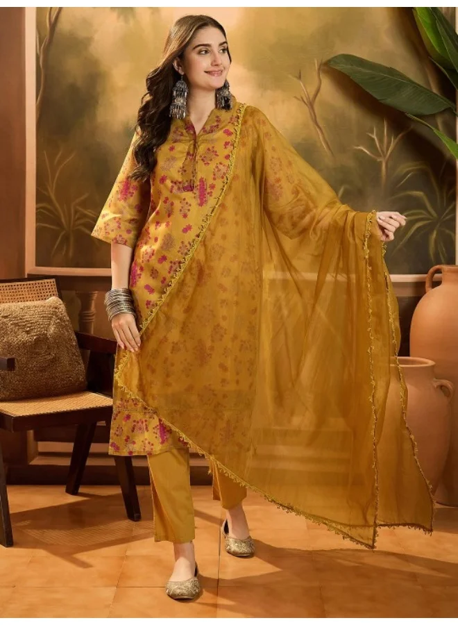 AKS Mustard Chanderi Kurta Set With Organza Dupatta