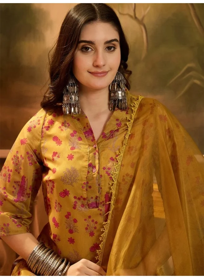 AKS Mustard Chanderi Kurta Set With Organza Dupatta