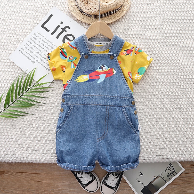 Boys Rocket Short Sleeve Suspenders Summer Suit Foreign Style Baby Children'S Two-Piece Set A Generation Of Hair - Image 1