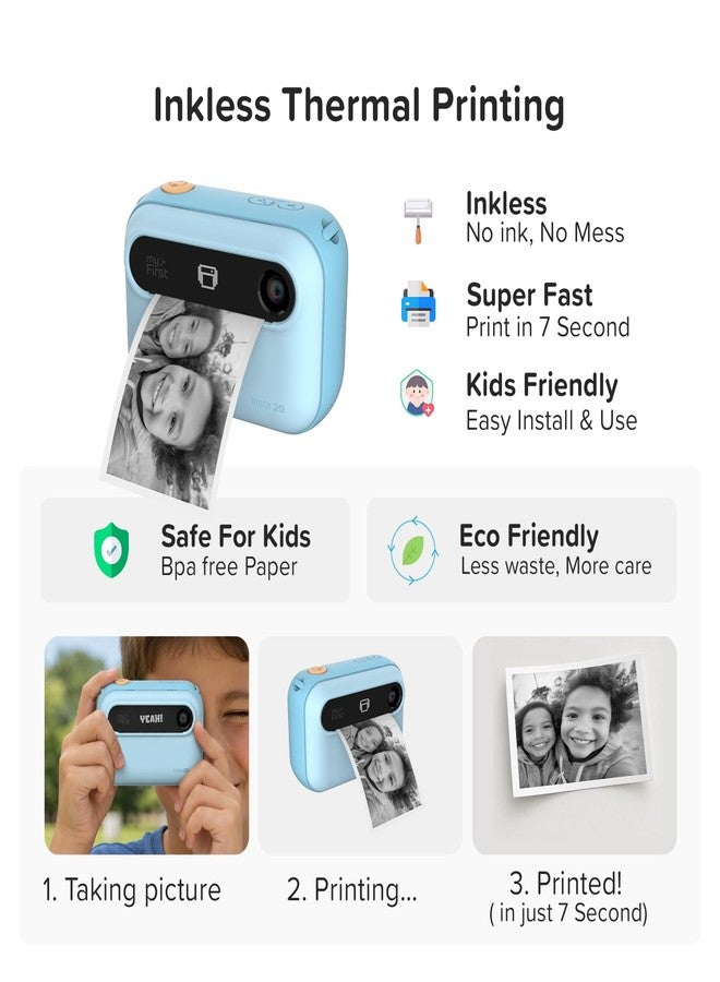 myFirst Camera Insta 20 Kids Instant Print Camera Bundle with EVA Carrying Case, 9 Rolls Thermal Paper, 16MP, 9S Fast Printing, No Ink, Selfie Lens, 1080P Video, Birthday Gift for kids Age 4-12 (Blue) - Image 4