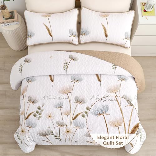 Dinjoy Floral Quilt Set Queen,Beige/Khaki Bedspread Queen Size 3 Pieces Lightweight Fall Quilts Microfiber Farmhouse Bedding Set Soft Flower Bedspreads White Coverlet Sets for All Seasons - Image 2