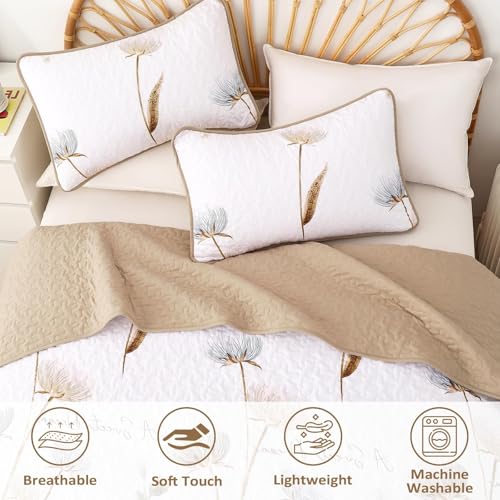 Dinjoy Floral Quilt Set Queen,Beige/Khaki Bedspread Queen Size 3 Pieces Lightweight Fall Quilts Microfiber Farmhouse Bedding Set Soft Flower Bedspreads White Coverlet Sets for All Seasons - Image 5