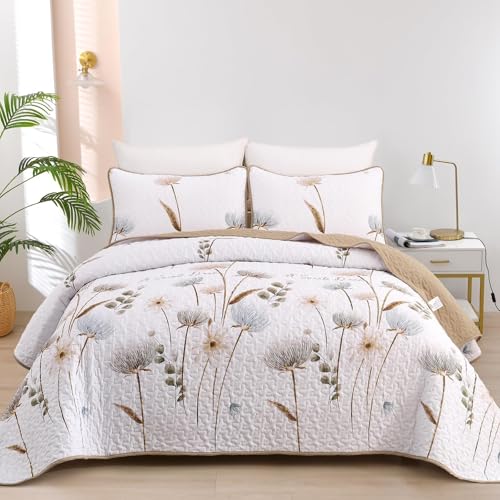 Dinjoy Floral Quilt Set Queen,Beige/Khaki Bedspread Queen Size 3 Pieces Lightweight Fall Quilts Microfiber Farmhouse Bedding Set Soft Flower Bedspreads White Coverlet Sets for All Seasons - Image 1