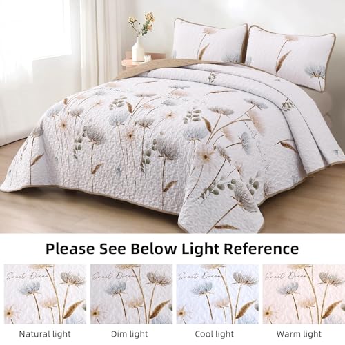 Dinjoy Floral Quilt Set Queen,Beige/Khaki Bedspread Queen Size 3 Pieces Lightweight Fall Quilts Microfiber Farmhouse Bedding Set Soft Flower Bedspreads White Coverlet Sets for All Seasons - Image 3