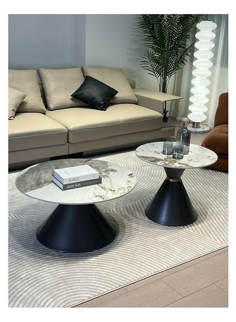 AWD Round Set of Two Coffee Tables Sintered Stone Countertop Metal Base Side Corner Center Coffee Table Decoration Table Home Living room Office Furniture, Black Coffee Tables - Image 1