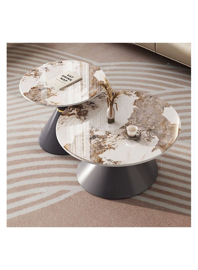 AWD Round Set of Two Coffee Tables Sintered Stone Countertop Metal Base Side Corner Center Coffee Table Decoration Table Home Living room Office Furniture, Black Coffee Tables - Image 2