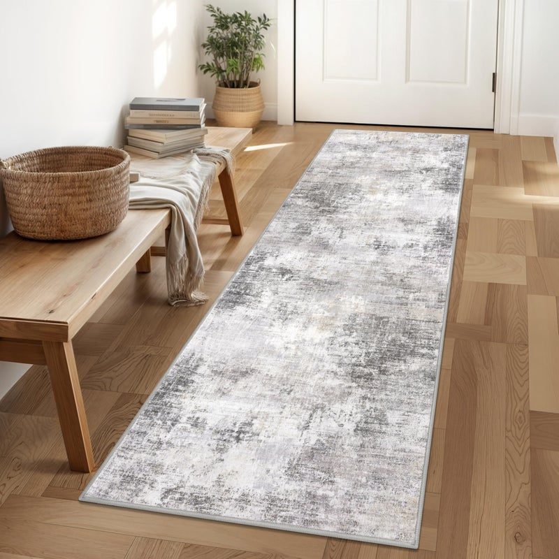 IOHOUZE Abstract Runner Rug 2x6 Ft Washable Runners for Hallways Non Slip Kitchen Runner Printed Faux Wool Entryway Runner Indoor Modern Abstract Floor Carpet for Hall Kitchen Bedroom Grey Beige