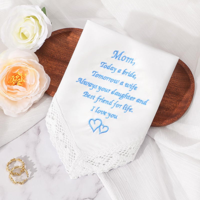 HOULIFE Wedding Handkerchiefs for Bride, Something Blue Wedding Brides Gift Embroidered Handkerchief with Lace Edges (For Mom-1 PCS) - Image 5
