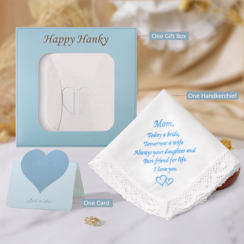 HOULIFE Wedding Handkerchiefs for Bride, Something Blue Wedding Brides Gift Embroidered Handkerchief with Lace Edges (For Mom-1 PCS) - Image 2