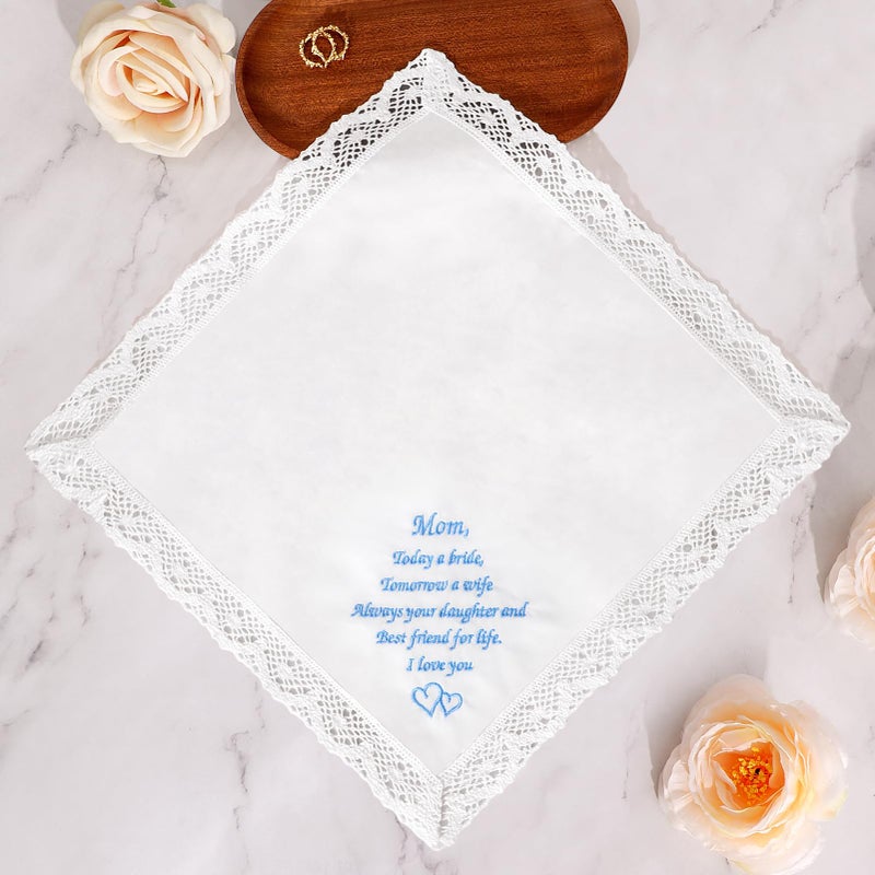 HOULIFE Wedding Handkerchiefs for Bride, Something Blue Wedding Brides Gift Embroidered Handkerchief with Lace Edges (For Mom-1 PCS) - Image 3