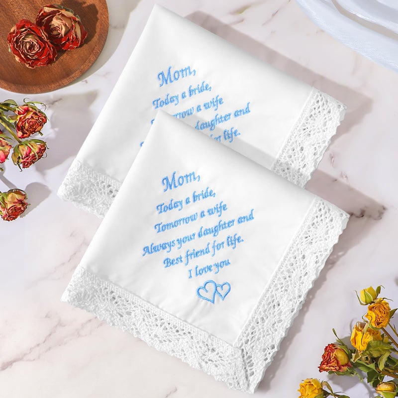 HOULIFE Wedding Handkerchiefs for Bride, Something Blue Wedding Brides Gift Embroidered Handkerchief with Lace Edges (For Mom-1 PCS) - Image 4