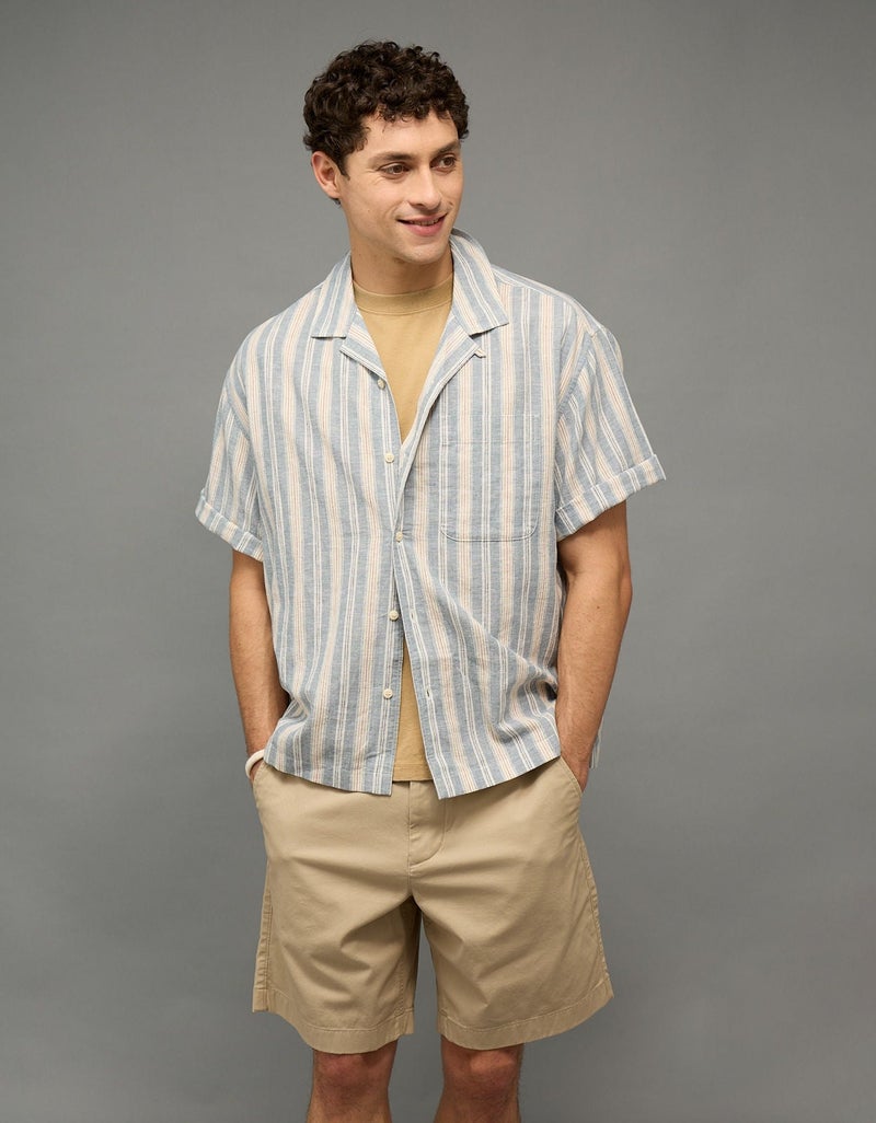 American Eagle AE Relaxed Fit Linen-Blend Camp Collar Shirt - Image 1