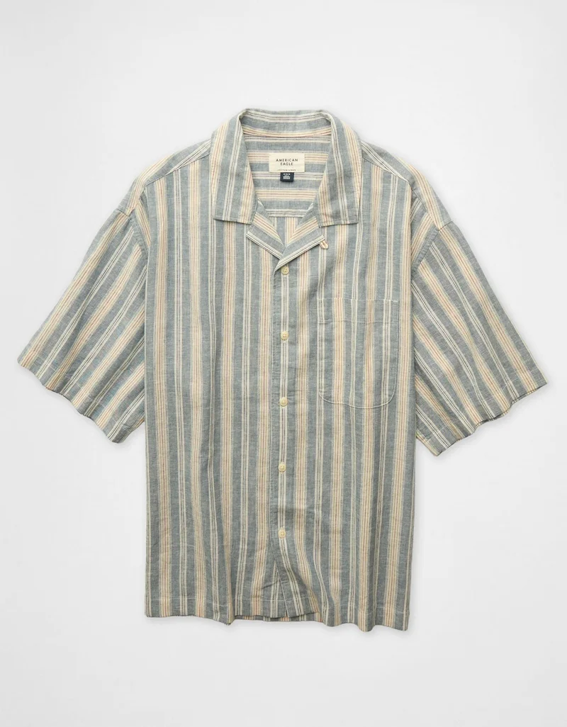 American Eagle  AE Relaxed Fit Linen-Blend Camp Collar Shirt for Men | Best Price UAE